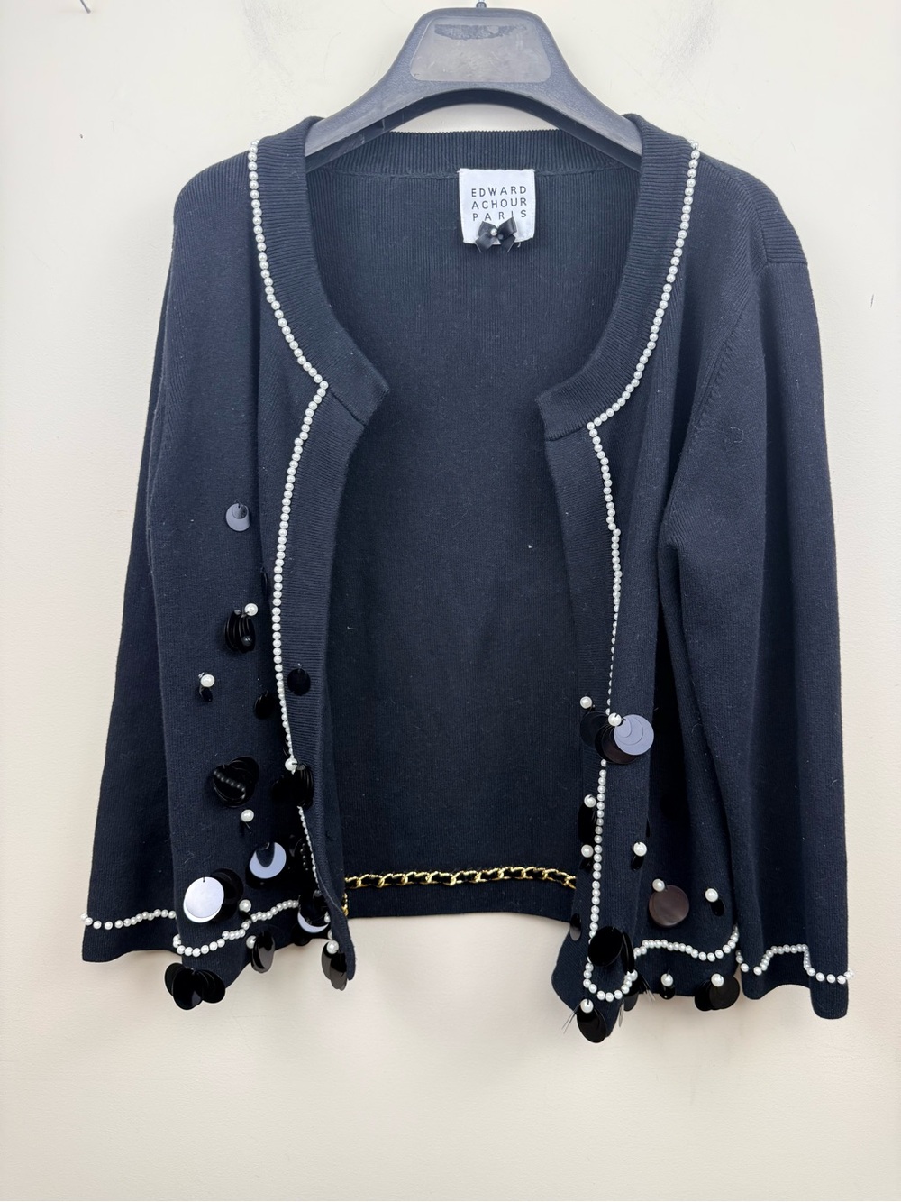 EDWARD ACHOUR PARIS black knit cardigan featuring pearls and embellishments